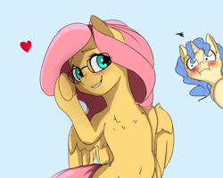 Size: 2500x2000 | Tagged: dead source, safe, artist:miokomata, fluttershy, oc, pegasus, unicorn, semi-anthro, :i, blushing, bust, chest fluff, cute, cute little fangs, fangs, female, freckles, glasses, heart, looking at you, looking sideways, mare, shrunken pupils, simple background, smiling, underhoof, wings