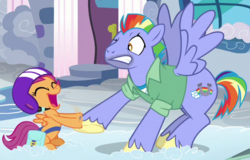 Size: 604x386 | Tagged: safe, screencap, bow hothoof, scootaloo, g4, parental glideance, cloud, screaming, shaking hoof