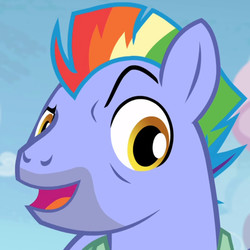 Size: 722x722 | Tagged: safe, screencap, bow hothoof, pegasus, pony, g4, parental glideance, beard, facial hair, looking at someone, male, mohawk, multicolored mane, open mouth, raised eyebrow, smug, solo, stallion, talking, yellow eyes