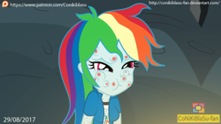 Size: 933x525 | Tagged: safe, artist:conikiblasu-fan, rainbow dash, campfire tales, equestria girls, g4, equestria girls interpretation, female, fly-der bite, ouch, patreon, patreon logo, red nosed, scene interpretation, solo