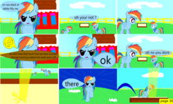Size: 4222x2558 | Tagged: safe, artist:closingrain, artist:mellowbomb, rainbow dash, oc, oc:closingrain, comic:calamity fateful, g4, 1000 hours in ms paint, comic, dialogue, duality, female, filly, macro, self ponidox, size difference