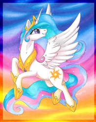Size: 2522x3211 | Tagged: safe, artist:karzii, princess celestia, alicorn, pony, g4, crown, female, flying, grin, high res, jewelry, mare, multicolored background, necklace, peytral, regalia, smiling, solo, spread wings, traditional art, wings