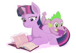 Size: 1238x862 | Tagged: safe, artist:savvyartz, spike, twilight sparkle, alicorn, dragon, pony, unicorn, g4, baby, baby dragon, book, bookmark, comic book, cute, duo, female, folded wings, glowing horn, green eyes, horn, magic, male, mare, open mouth, page, reading, scales, signature, simple background, smiling, spikabetes, telekinesis, twilight sparkle (alicorn), white background, wings