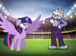 Size: 2000x1473 | Tagged: safe, artist:arcgaming91, twilight sparkle, alicorn, pony, g4, crossover, cuphead, fight, king dice, twilight sparkle (alicorn)