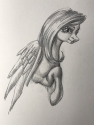Size: 960x1280 | Tagged: safe, artist:cosmickelpie, fluttershy, pegasus, pony, g4, female, grayscale, mare, monochrome, pencil drawing, solo, traditional art