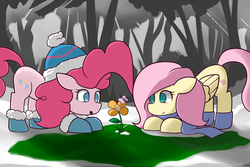 Size: 1280x853 | Tagged: safe, artist:genericmlp, fluttershy, pinkie pie, butterfly, earth pony, pegasus, pony, boots, clothes, flower, forest, hat, looking at something, scarf, shoes, snow, winter hat