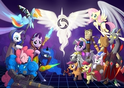 Size: 4092x2893 | Tagged: safe, artist:我有一杯家萬里, apple bloom, applejack, discord, fluttershy, owlowiscious, pinkie pie, princess luna, rainbow dash, rarity, scootaloo, starlight glimmer, sweetie belle, twilight sparkle, alicorn, pony, g4, alarak, ana amari, auriel, blizzard entertainment, crossover, cutie mark crusaders, demon hunter, heroes of the storm, jaina proudmoore, medivh, overwatch, the lost vikings, tracer, twilight sparkle (alicorn), tychus findlay, voice actor joke, zeratul