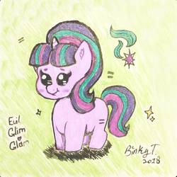 Size: 1024x1024 | Tagged: safe, artist:binkyt11, starlight glimmer, pony, unicorn, g4, beanbrows, chibi, cute, cutie mark, ear fluff, equal cutie mark, equal sign, eyebrows, female, glim glam, glimmerbetes, glitter, green background, mare, s5 starlight, simple background, smol, solo, sparkles, traditional art, wingding eyes