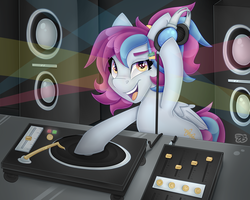 Size: 5001x4000 | Tagged: safe, artist:partypievt, oc, oc only, oc:aerial soundwaves, pegasus, pony, club, diabetes, disc jockey, female, hairpin, headphones, headset, looking at you, open mouth, party, ponytail, ponyvillefm, rave, record, record player, scene kid, smiling, solo, speaker, strobe lights, turntable, watermark, wingding eyes, wings