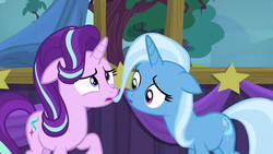Size: 1920x1080 | Tagged: safe, screencap, starlight glimmer, trixie, pony, g4, no second prances, duo, female, stage