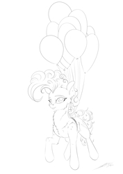 Size: 2893x4092 | Tagged: safe, artist:skitsroom, pinkie pie, earth pony, pony, g4, balloon, female, floating, lineart, mare, monochrome, simple background, smiling, solo, then watch her balloons lift her up to the sky, white background