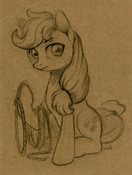 Size: 600x793 | Tagged: safe, artist:maytee, applejack, earth pony, pony, g4, female, lasso, mare, missing accessory, monochrome, pencil drawing, rope, simple background, sitting, sketch, solo, traditional art