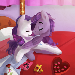 Size: 2500x2500 | Tagged: safe, artist:goshhhh, rarity, oc, oc:kydose, pegasus, pony, unicorn, g4, bed, boop, canon x oc, carousel boutique, chocolate, cuddling, eyes closed, female, flower, food, hearts and hooves day, high res, hug, love, male, mare, noseboop, raridose, shipping, smiling, snuggling, stallion, straight, ticket, winghug
