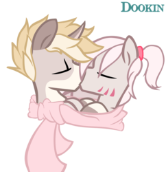 Size: 1934x2000 | Tagged: safe, artist:dookin, oc, oc only, oc:ark, oc:mimiphia, brother and sister, clothes, cute, female, incest, kissing, male, scarf, shared clothing, shared scarf, simple background, transparent background