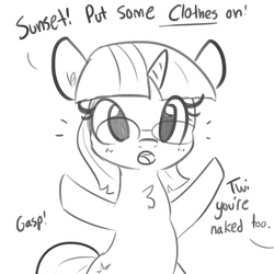 Size: 3000x3000 | Tagged: safe, artist:tjpones, sci-twi, twilight sparkle, pony, unicorn, series:sciset diary, equestria girls, g4, bipedal, chest fluff, cute, dialogue, ear fluff, equestria girls ponified, female, gasp, glasses, grayscale, high res, implied lesbian, implied scitwishimmer, implied shipping, implied sunset shimmer, implied sunsetsparkle, mare, monochrome, offscreen character, simple background, twiabetes, unicorn sci-twi, unicorn twilight, we don't normally wear clothes, white background