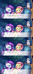 Size: 1740x3887 | Tagged: safe, artist:lilfunkman, fluttershy, rarity, oc, oc:elara, owl, pegasus, pony, unicorn, fanfic:the enchanted library, g4, comic, dialogue, everfree forest, female, forest, mare, raised hoof, scared, text box, tree, tree branch, visual novel
