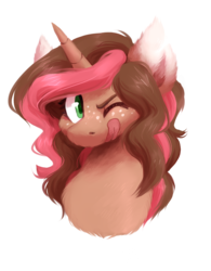 Size: 872x1117 | Tagged: safe, artist:crownedspade, oc, oc only, oc:tia cakes, pony, unicorn, bust, female, fluffy, mare, portrait, simple background, solo, tongue out, transparent background