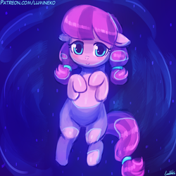 Size: 750x750 | Tagged: safe, artist:lumineko, lily longsocks, earth pony, pony, g4, adorasocks, anatomically incorrect, blushing, c:, cute, female, filly, floating, floppy ears, incorrect leg anatomy, lilydorable, looking at you, on back, pigtails, smiling, solo, water