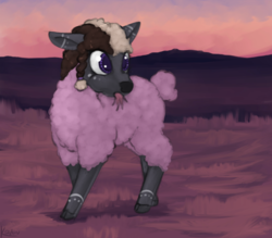 Size: 1255x1101 | Tagged: safe, artist:marsminer, oc, oc only, oc:ashee, sheep, bodypaint, braid, cloven hooves, cute, eating, female, field, floppy ears, fluffy, grass, grazing, herbivore, looking back, puffy cheeks, solo, species swap