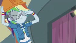 Size: 1280x720 | Tagged: safe, screencap, rainbow dash, constructive criticism, constructive criticism: rainbow dash, equestria girls, g4, my little pony equestria girls: better together, clothes, eyes closed, female, geode of super speed, goggles, hard hat, magical geodes, solo