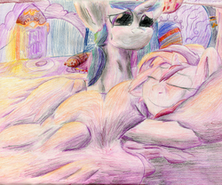 Size: 2343x1950 | Tagged: safe, artist:firefanatic, princess celestia, sunset shimmer, pony, unicorn, g4, bed, bedroom, blanket, crying, fireplace, fluffy, missing accessory, pillow, tears of joy, traditional art