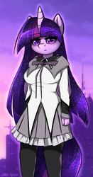 Size: 3023x5764 | Tagged: safe, artist:duop-qoub, twilight sparkle, alicorn, anthro, g4, castle, clothes, colored pupils, crossover, eye clipping through hair, featured image, female, homura akemi, leggings, looking at you, magical girl, magical girl outfit, puella magi madoka magica, sexy, signature, skirt, solo, twilight sparkle (alicorn), twilight sparkle is not amused, unamused