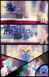 Size: 1024x1600 | Tagged: safe, artist:bonsia-lucky, fluttershy, princess celestia, princess luna, pony, comic:on your own, g4, age regression, baby, baby pony, clothes, comic, crying, diaper, evil fluttershy, female, filly, foal, glasses, socks, striped socks, teenager, woona, younger