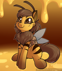 Size: 1121x1280 | Tagged: safe, artist:sugaryviolet, oc, oc only, oc:beeatrice, bee, bee pony, original species, pony, antennae, bag, chest fluff, cute, fluffy, food, freckles, honey, saddle bag, solo