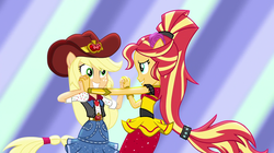 Size: 1912x1072 | Tagged: safe, screencap, applejack, sunset shimmer, human, equestria girls, equestria girls specials, g4, my little pony equestria girls: dance magic, alternate hairstyle, clothes, cowboy hat, cute, dance magic (song), dancing, denim skirt, duo, female, flamenco dress, hat, holding hands, jackabetes, ponied up, shimmerbetes, skirt, sunset shimmer flamenco dress