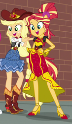 Size: 460x786 | Tagged: safe, screencap, applejack, sunset shimmer, equestria girls, equestria girls specials, g4, my little pony equestria girls: dance magic, alternate hairstyle, boots, clothes, cowboy hat, cropped, cute, dancing, denim skirt, duo, female, flamenco dress, hat, high heels, holding hands, jackabetes, legs, ponied up, shimmerbetes, shoes, skirt, sunset shimmer flamenco dress