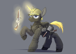 Size: 4960x3507 | Tagged: safe, artist:underpable, oc, oc only, oc:lee enfield, pony, unicorn, absurd resolution, clothes, commission, glowing horn, gray background, gun, helmet, horn, magic, male, military uniform, raised hoof, shovel, simple background, solo, stallion, telekinesis, uniform, weapon, wheellock