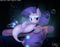 Size: 1400x1100 | Tagged: safe, artist:lennonblack, rarity, fish, seapony (g4), unicorn, g4, my little pony: the movie, bedroom eyes, belly button, blue eyes, blue mane, blue tail, blushing, bubble, couch, crepuscular rays, cute, digital art, dorsal fin, draw me like one of your french girls, eyelashes, eyeshadow, female, fin, fins, fish tail, flowing mane, flowing tail, gem, glowing, horn, lidded eyes, looking at you, makeup, mare, ocean, scales, seaponified, seapony rarity, seaweed, signature, smiling, smiling at you, solo, species swap, sultry pose, swimming, tail, underwater, water