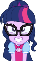 Size: 3000x4920 | Tagged: safe, artist:cloudy glow, sci-twi, twilight sparkle, eqg summertime shorts, equestria girls, g4, subs rock, .ai available, bowtie, clothes, cute, excited, female, glasses, grin, high res, ponytail, simple background, smiling, solo, squee, transparent background, twiabetes, vector, vest