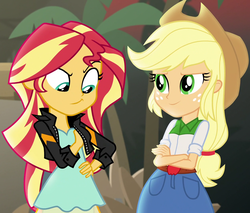 Size: 1258x1072 | Tagged: safe, screencap, applejack, sunset shimmer, equestria girls, equestria girls specials, g4, my little pony equestria girls: movie magic, cropped, duo, faic, looking at each other, out of context, plant, smiling, smug