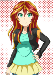 Size: 1024x1453 | Tagged: safe, artist:achaoticdotstar, sunset shimmer, equestria girls, g4, clothes, female, human coloration, jacket, leather jacket, looking at you, solo