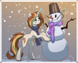 Size: 2676x2174 | Tagged: safe, artist:koviry, oc, oc only, oc:caroline sunshine, pony, unicorn, bucket, clothes, commission, female, glowing horn, high res, horn, magic, mare, scarf, snowman, solo