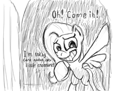 Size: 1024x768 | Tagged: safe, fluttershy, pegasus, pony, g4, creeping, dark, dialogue, face, female, grayscale, lineart, monochrome, solo