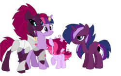 Size: 1387x875 | Tagged: safe, artist:peanutthechub, fizzlepop berrytwist, tempest shadow, twilight sparkle, oc, g4, my little pony: the movie, family, female, lesbian, magical lesbian spawn, offspring, parent:tempest shadow, parent:twilight sparkle, parents:tempestlight, royal guard, ship:tempestlight, shipping, simple background, story included, tempest becomes a royal guard, transparent background