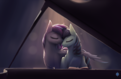 Size: 1838x1191 | Tagged: dead source, safe, artist:noctilucent-arts, coloratura, oc, earth pony, pegasus, pony, g4, canon x oc, eyes closed, female, lesbian, mare, musical instrument, piano, smiling