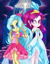 Size: 836x1080 | Tagged: safe, artist:3d4d, artist:gihhbloonde, princess skystar, queen novo, equestria girls, g4, my little pony: the movie, blue eyes, bubble, bust, clothes, crown, cute, dress, duo, equestria girls-ified, eyelashes, eyeshadow, female, flower, flower in hair, flowing mane, flowing tail, glowing, jewelry, like mother like daughter, like parent like child, looking at each other, looking at someone, makeup, mother, mother and daughter, necklace, ocean, pearl necklace, purple eyes, regalia, seaquestria, seashell, seashell necklace, smiling, tail, teeth, underwater, water, wings