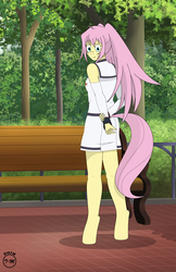 Size: 3300x5100 | Tagged: safe, artist:toxic-mario, fluttershy, anthro, unguligrade anthro, g4, bench, crossover, female, isla, long hair, park, plastic memories, railing, solo, tail, tree, uncanny valley