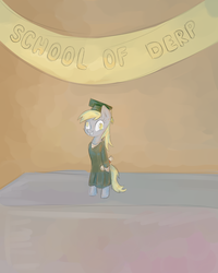 Size: 1024x1280 | Tagged: safe, artist:kyaokay, derpy hooves, pegasus, pony, g4, alone, banner, bipedal, female, graduation, happy, solo, standing