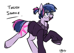 Size: 3500x2500 | Tagged: safe, artist:lrusu, twilight sparkle, earth pony, pony, g4, clothes, cute, earth pony twilight, female, g5 concept leak style, g5 concept leaks, glasses, high res, mare, misspelling, open mouth, raised hoof, raised leg, simple background, smiling, solo, sweater, twiabetes, twilight sparkle (g5 concept leak), white background