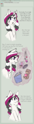 Size: 757x2693 | Tagged: safe, artist:kyaokay, oc, oc only, oc:misty morning, ask, collar, comic, female, glowing horn, heart, horn, irl, magic, male, memory, photo, photo album, plushie, shipping, spiked collar, straight, teddy bear, telekinesis, tumblr