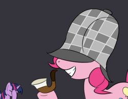 Size: 1280x1000 | Tagged: safe, artist:phat_guy, derpibooru exclusive, pinkie pie, twilight sparkle, alicorn, earth pony, pony, g4, clothes, covered eyes, cute, deerstalker, detective, diapinkes, duo, eyes closed, facehoof, female, gray background, grin, hat, hidden eyes, hoof hold, mare, pinkie being pinkie, pipe, raised hoof, raised leg, sherlock holmes, sherlock pie, twilight sparkle is not amused, unamused