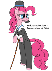 Size: 1275x1755 | Tagged: safe, artist:ericremotesteam, pinkie pie, g4, bipedal, bipedal leaning, bowler hat, cane, charlie chaplin, clothes, crossed arms, digital art, facial hair, female, hat, leaning, moustache, paint tool sai, simple background, solo, standing, white background