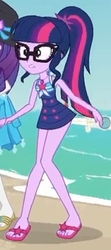 Size: 936x2100 | Tagged: safe, screencap, sci-twi, twilight sparkle, equestria girls, equestria girls specials, g4, my little pony equestria girls: better together, my little pony equestria girls: forgotten friendship, clothes, cropped, feet, female, flip-flops, geode of telekinesis, glasses, legs, magical geodes, one-piece swimsuit, ponytail, sandals, schrödinger's pantsu, sci-twi swimsuit, selfie drone, swimsuit