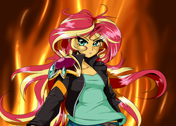 Size: 2000x1435 | Tagged: dead source, safe, artist:reiduran, sunset shimmer, equestria girls, g4, clothes, explicit source, female, fiery shimmer, fire, looking at you, magic knight rayearth, solo