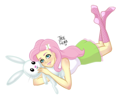 Size: 800x640 | Tagged: safe, artist:theclownqueen, angel bunny, fluttershy, rabbit, equestria girls, g4, animal, blushing, clothes, female, no more ponies at source, plushie, simple background, skirt, socks, solo, tank top, transparent background