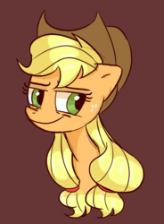 Size: 1067x1451 | Tagged: safe, artist:chroniqlo, applejack, earth pony, pony, g4, brown background, cowboy hat, female, freckles, hat, mare, simple background, smug, stetson